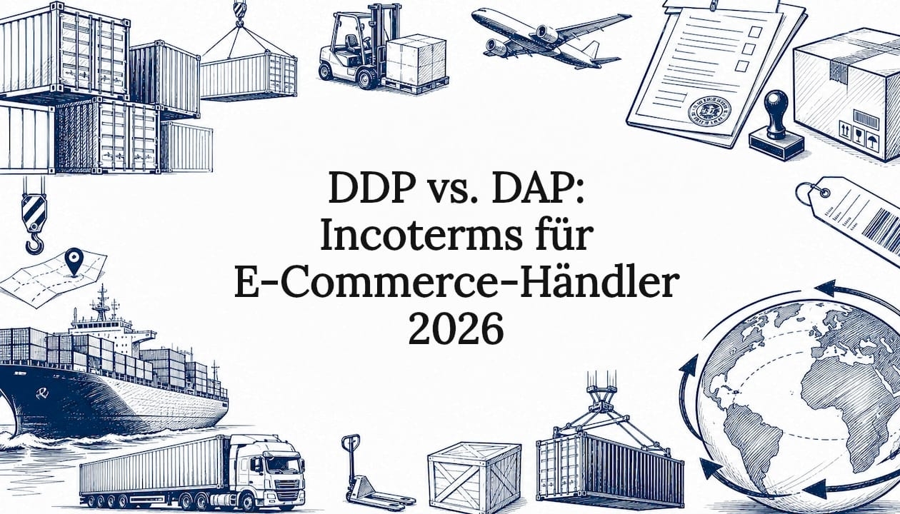 Umrahmt von einer handgezeichneten Illustration rund um Logistik und Versand kommt der Titel besonders zur Geltung.