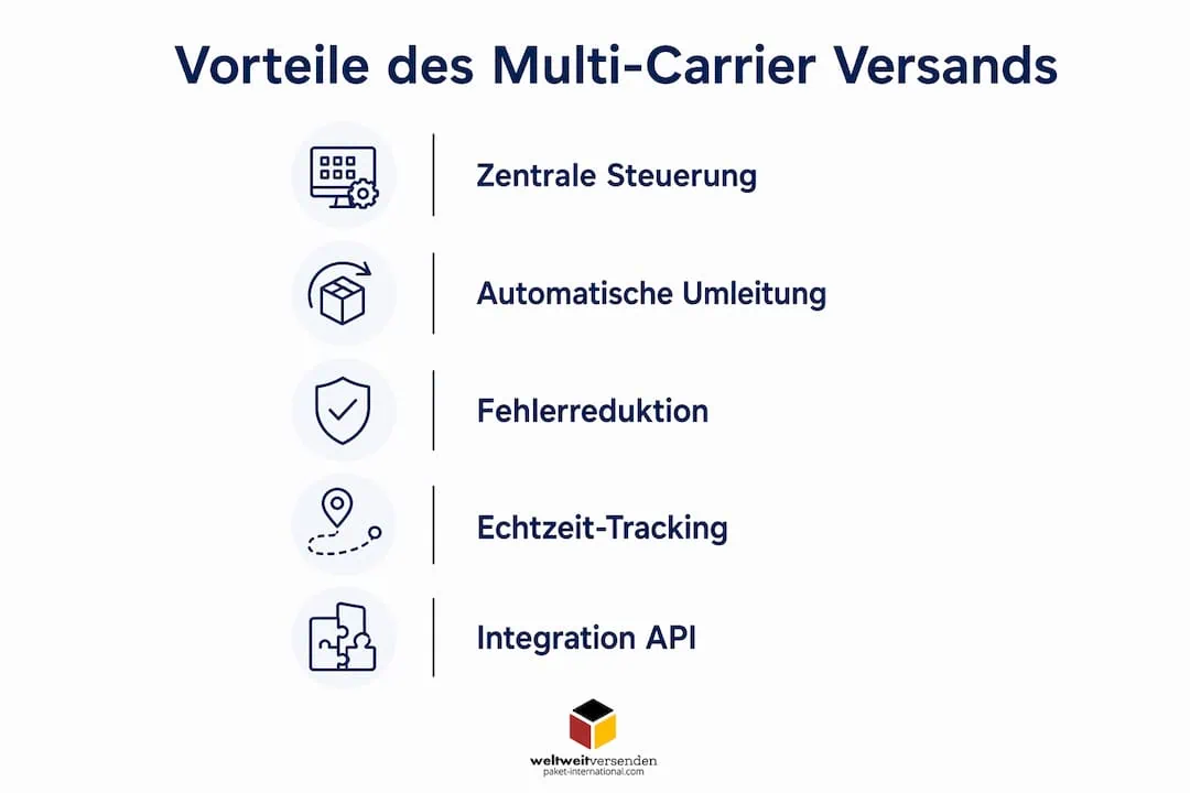 Die Infografik veranschaulicht anschaulich die wichtigsten Vorteile und Funktionen des Versands mit mehreren Paketdienstleistern.