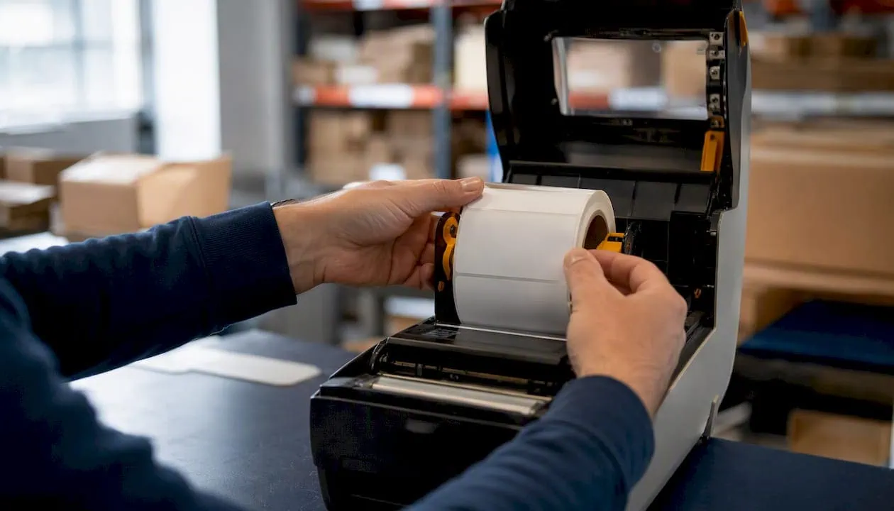 Thermo-Etikettenrolle in den Drucker einlegen