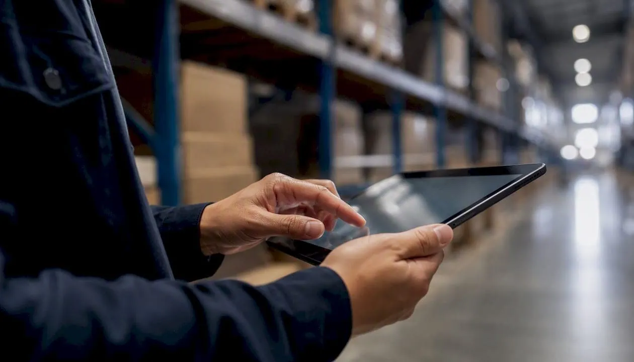 In einer modernen Lagerhalle wird ein Tablet genutzt, um logistische Abläufe digital zu steuern.