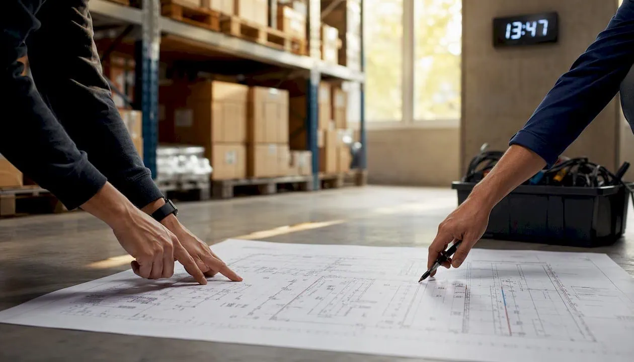 Hands work together on a logistics roadmap and shape the future of the supply chain.