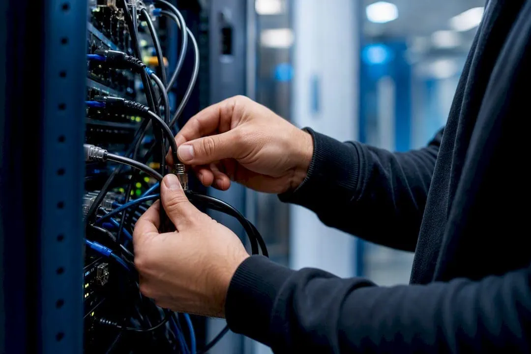 Hände schließen Netzwerkkabel in einem Serverschrank an.