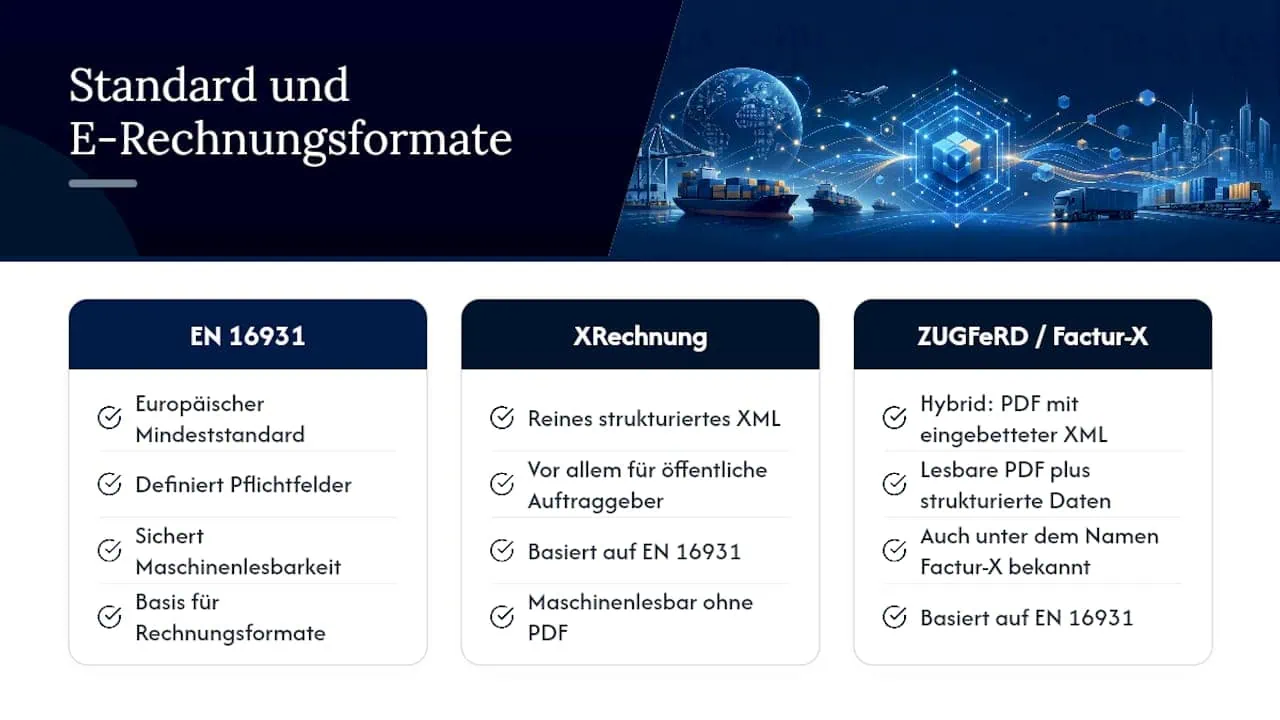 Was bedeuten EN 16931, XRechnung und ZUGFeRD für den Export? — overview diagram
