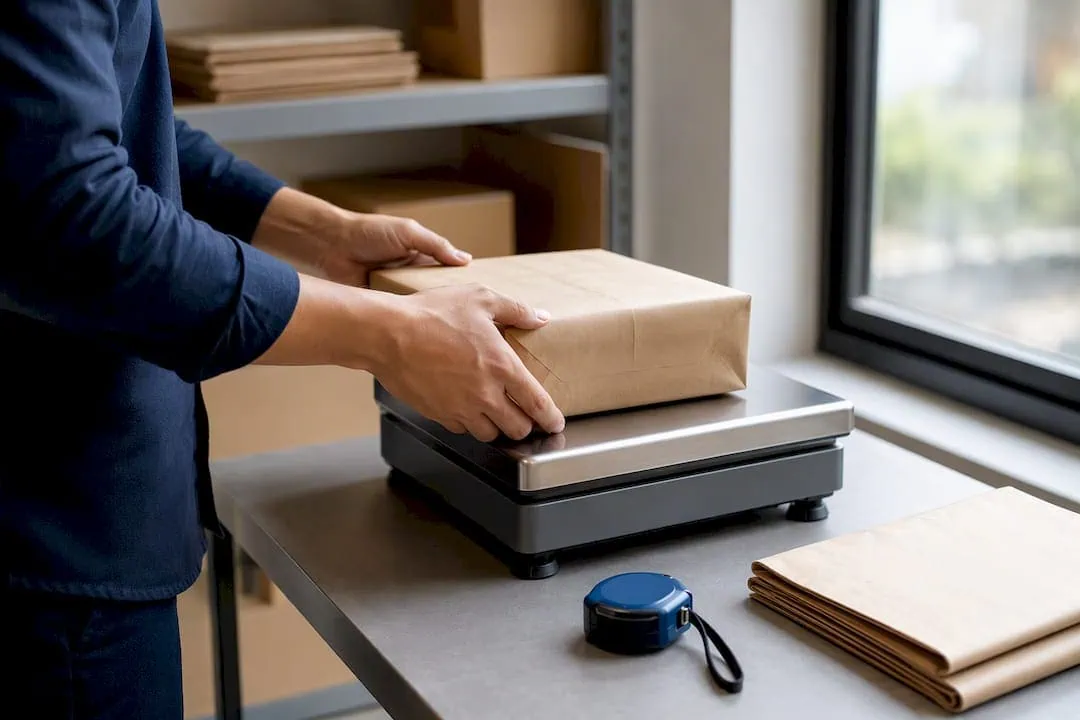 Ein anonymes Paket wird für den Versand gewogen