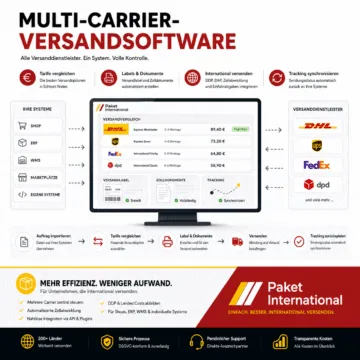 Multi-Carrier-Versandsoftware für Unternehmen: Versandtarife vergleichen, Labels erstellen, Zoll automatisieren und Systeme zentral anbinden.