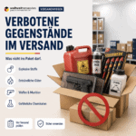 Illustration zu verbotenen und eingeschränkten Gegenständen im Paketversand mit Warnsymbolen für Lithiumbatterien, Parfum, Alkohol und Messer.