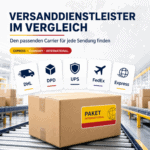 Versanddienstleister im Vergleich mit verschiedenen Versandoptionen und Paket auf einem Förderband.