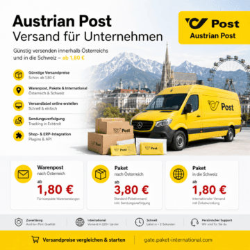 Graphique pour les expéditions de la Poste autrichienne aux entreprises disposant d'un véhicule de livraison jaune, colis et tarifs de départ pour le courrier de marchandises vers l'Autriche, les colis vers l'Autriche et les envois vers la Suisse.