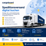 Panel de control de carga con diseño de Paket-International que incluye camiones, mapa de Europa e información sobre carga general, cargas parciales y completas, así como viajes directos.