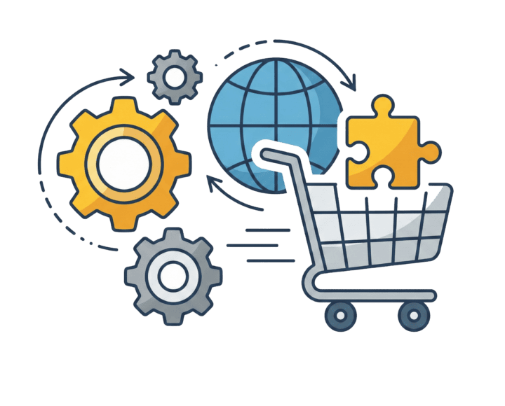 Logistica di spedizione globale con carrello della spesa e pezzi di puzzle.