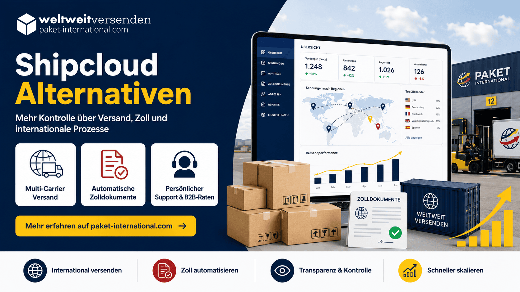 Graphic showing Shipcloud alternatives with shipping software dashboard, parcels, automatic customs documents, international shipping and B2B shipping solutions from Paket International.