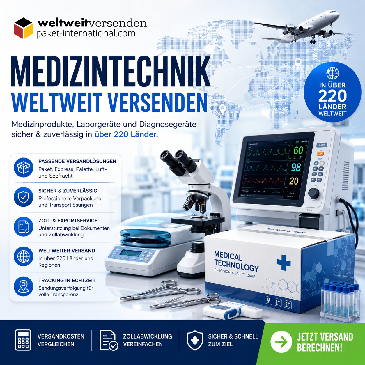 Medizintechnik versenden für Hersteller, Händler und Labore. Weltweite Versandlösungen mit Zollservice.